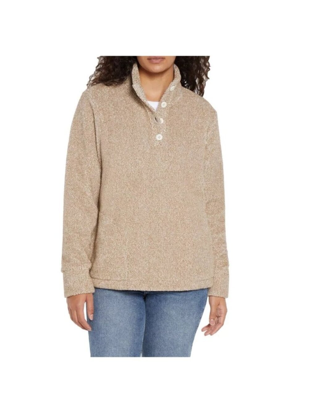 NWT Eddie Bauer Sweater Women's XL Quarter Button Up Pullover Beige /Tan Soft!